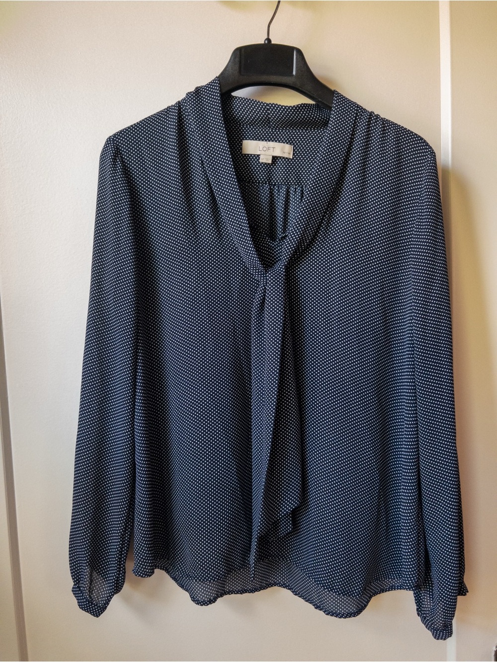 LOFT Navy Microdot Tie-Neck Blouse
